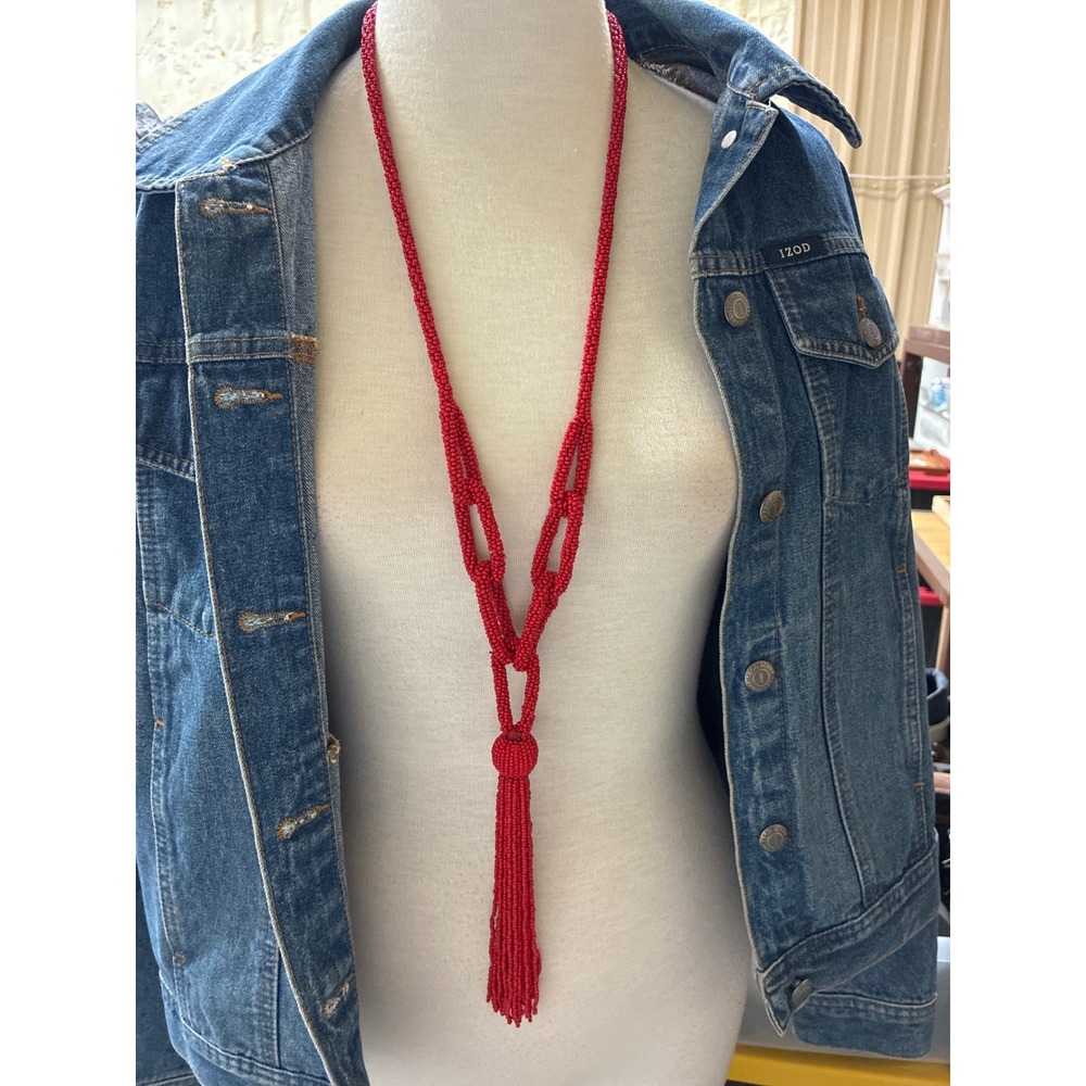 Vintage Red Seed Bead Lariat Tassel Necklace Woven Statement Long Link Accessory